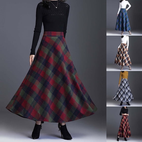 CAIXIA Long Plaid Skirts for Women High Waist A Line Pleated Fall Maxi Skirts