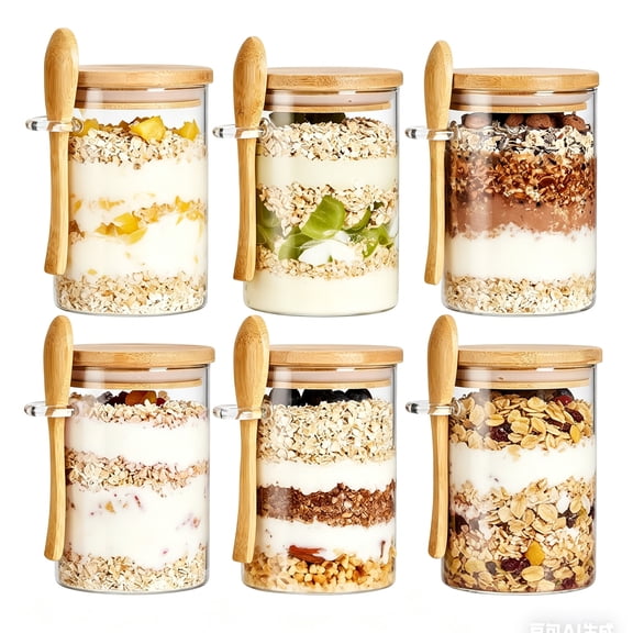 Liwantech 6Pack 22oz Overnight Oats Containers with Bamboo Lids and Spoons, Glass Jars with Airtight Lids, Food Storage Containers for Yogurt, Cereal