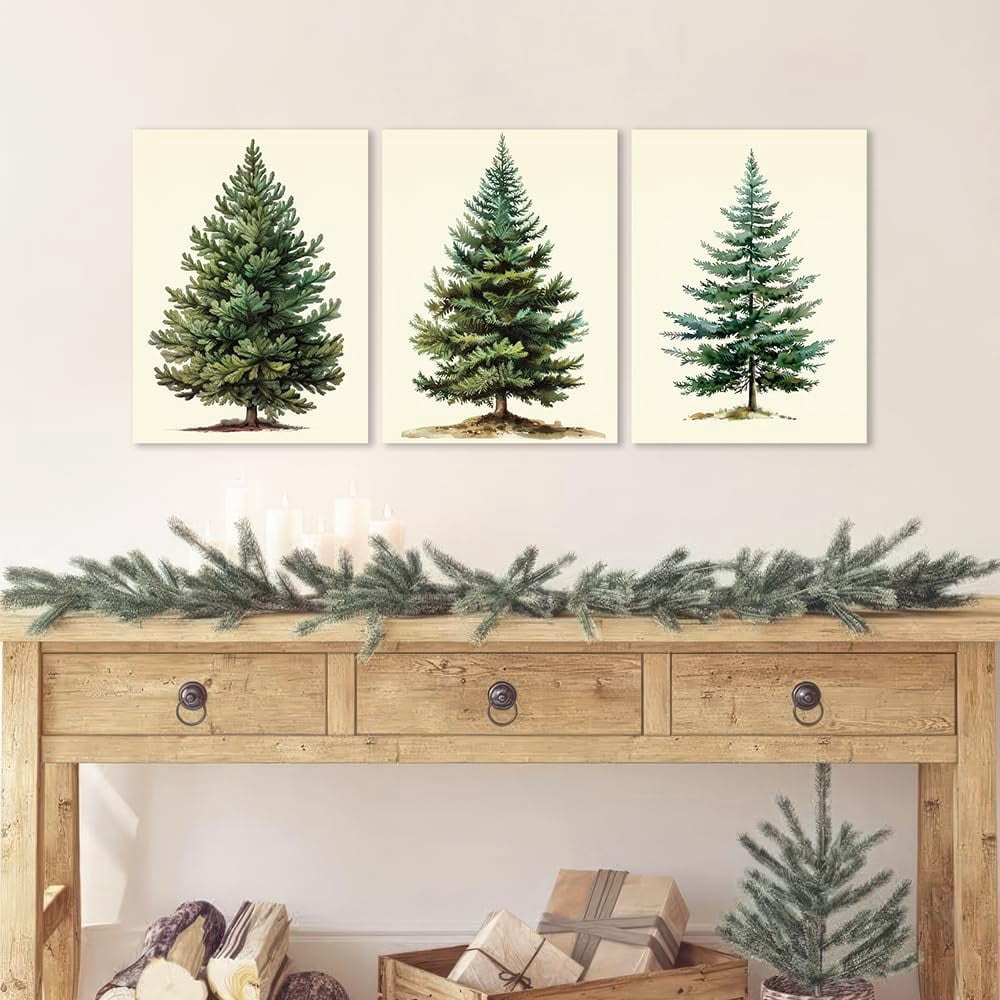 Christmas Trees Canvas Wall Art - Set of 3 Framed 12 X 16 Inch Netural Vintage Christmas Trees Picture Earth Tones Green Christmas Painting Wall Decor Art Print for Holiday Living Room Bedroom Office