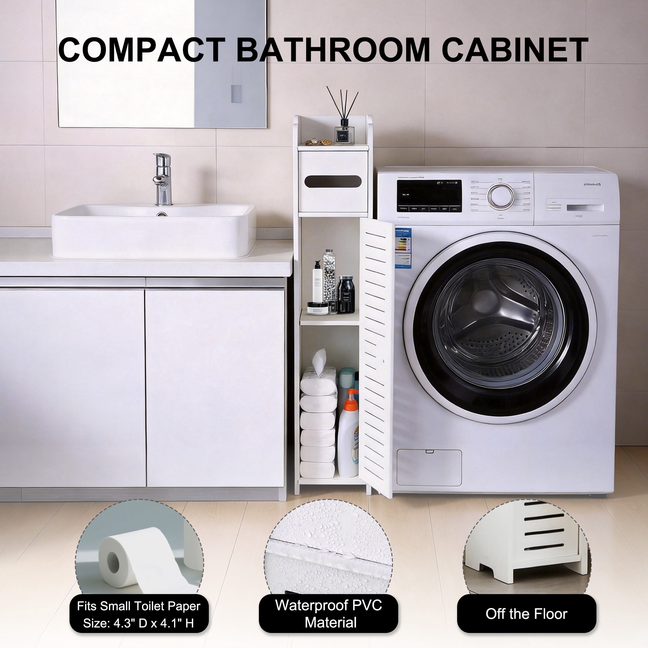 Small Bathroom Storage Cabinet, Freestanding Toilet Paper Storage with Door and Shelves, Corner Floor Cabinet, Bathroom Organizers and Storage for Small Spaces, White