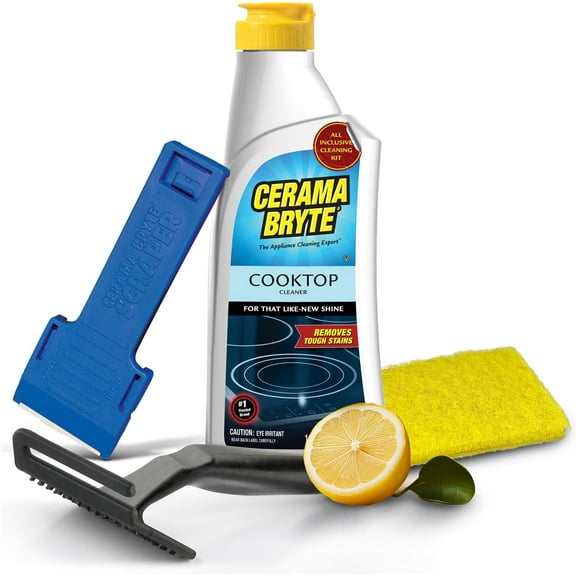 Glass Cooktop and Stove Top Cleaner Combo Kit - Includes Cleaning Tool, Razor, Scraper and 1 Pad to Remove Tough Stains - Use on Gas, Electric, Ceramic Surfaces, 10 Ounces, 4 Piece