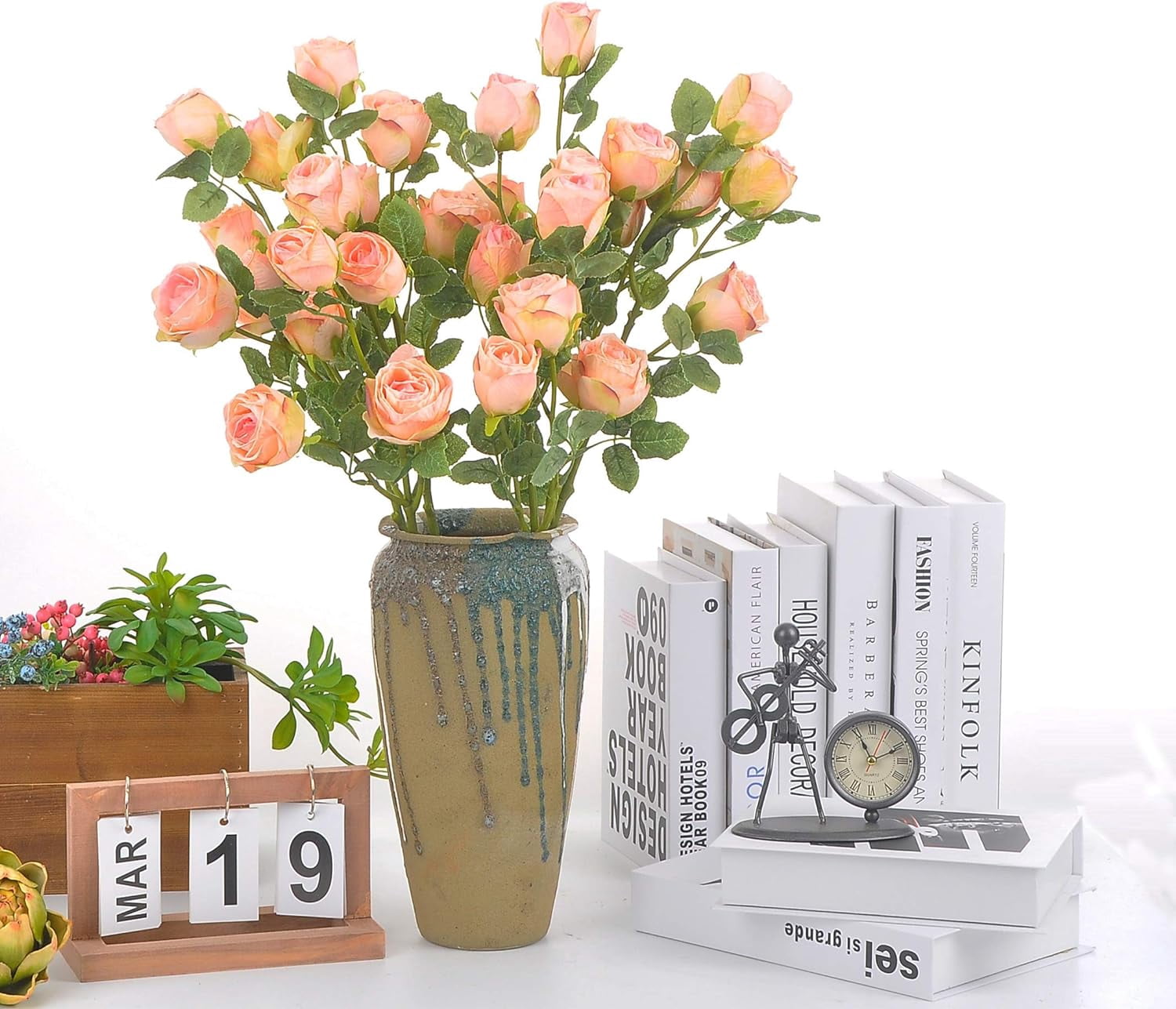Dried Flower Artificial Rose 6pcs 24 Inch Long Stem Silk Rose with 5 Flowers for Wedding DIY Bridal Bouquet Home Decor Centerpiece Arrangement(White)