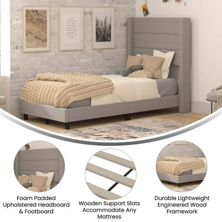 Alamont Home - Hollis Twin Size Upholstered Platform Bed with Wingback Headboard - Gray