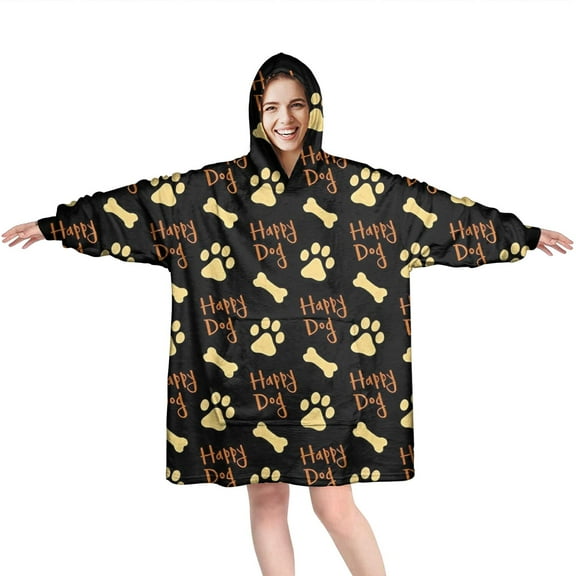 Happy Dog and Footprints Wearable Oversized Blanket,Wearable Blanket Hoodie for Adults,Cozy Hooded Blankets with Super Pockets,Super Warm Fuzzy Pullover for Women & Men