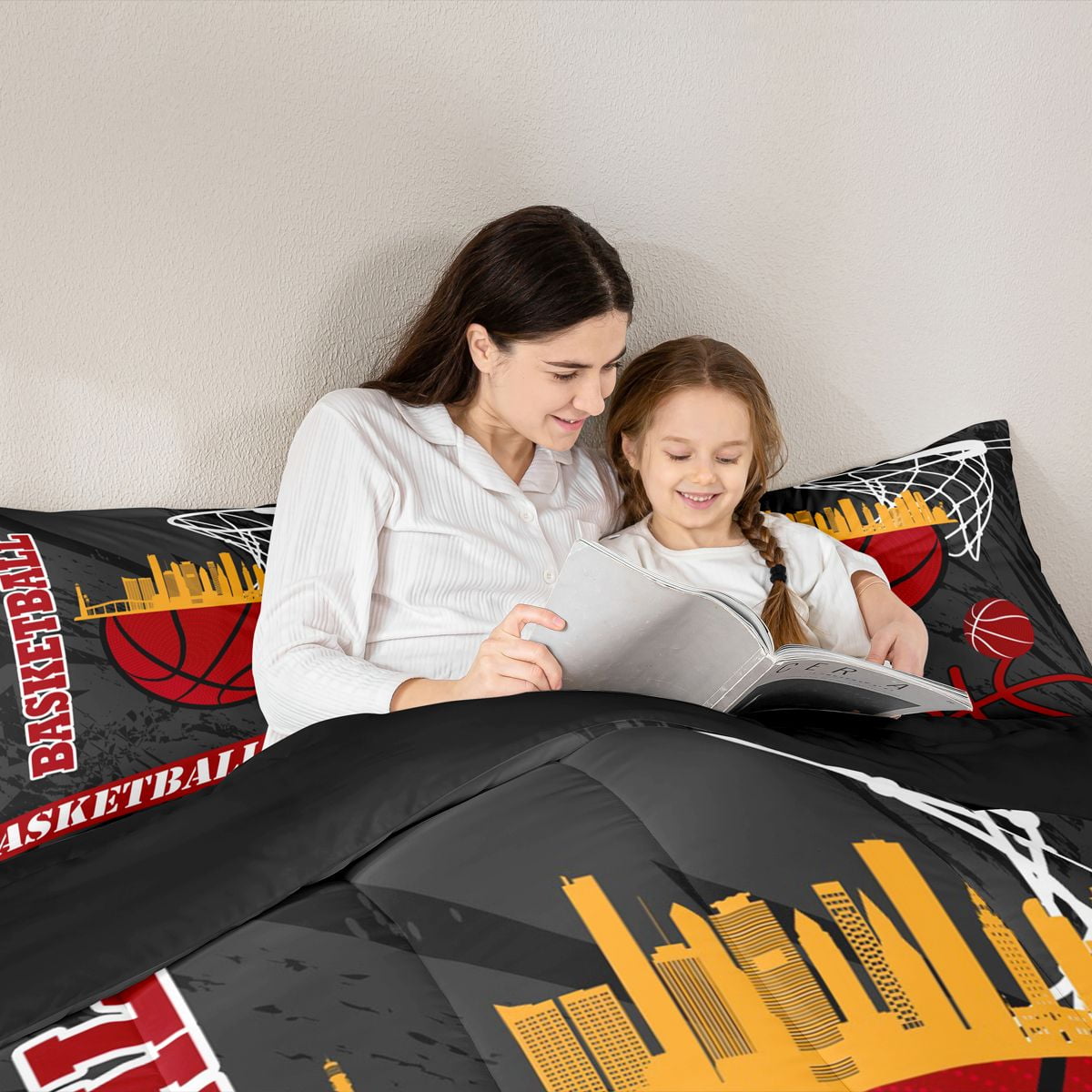 Feelyou Cartoon Basketball Print Queen Comforter Set, Black Red Graffiti Bedding Sets, Ball Sport Game Reversible Bedding Comforter Set, Breathable Home Decor, 3pcs