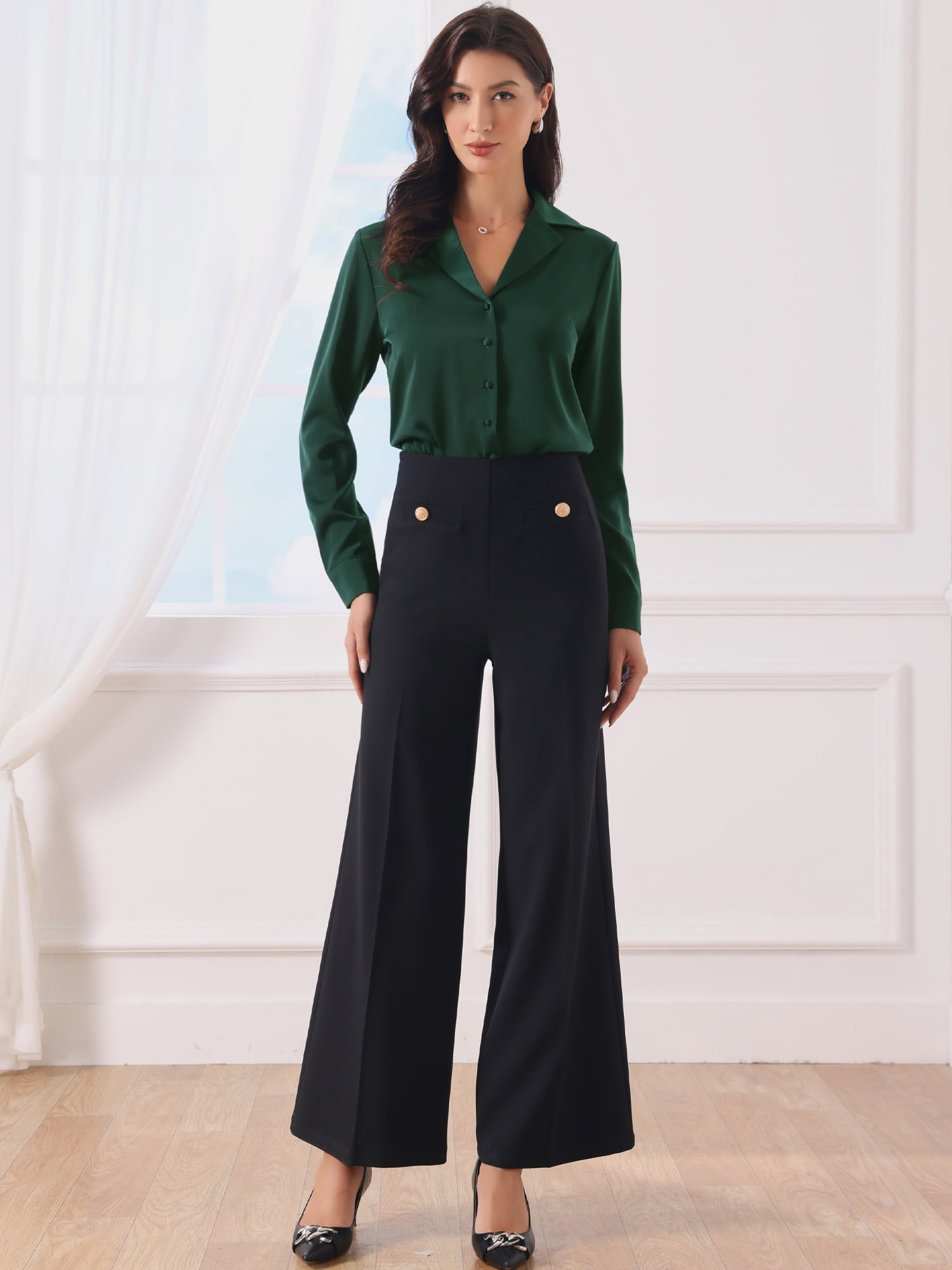 DARING DIVA Satin Bodysuit Button Up Long Sleeve Shirt Medium Dark Green