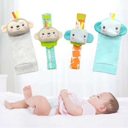 

RAOx 4Pcs/Set Baby Rattle Socks Elephant Monkey Shape Keep Warmth Plush Cartoon Baby Socks Wristbands Rattles Infant Accessories