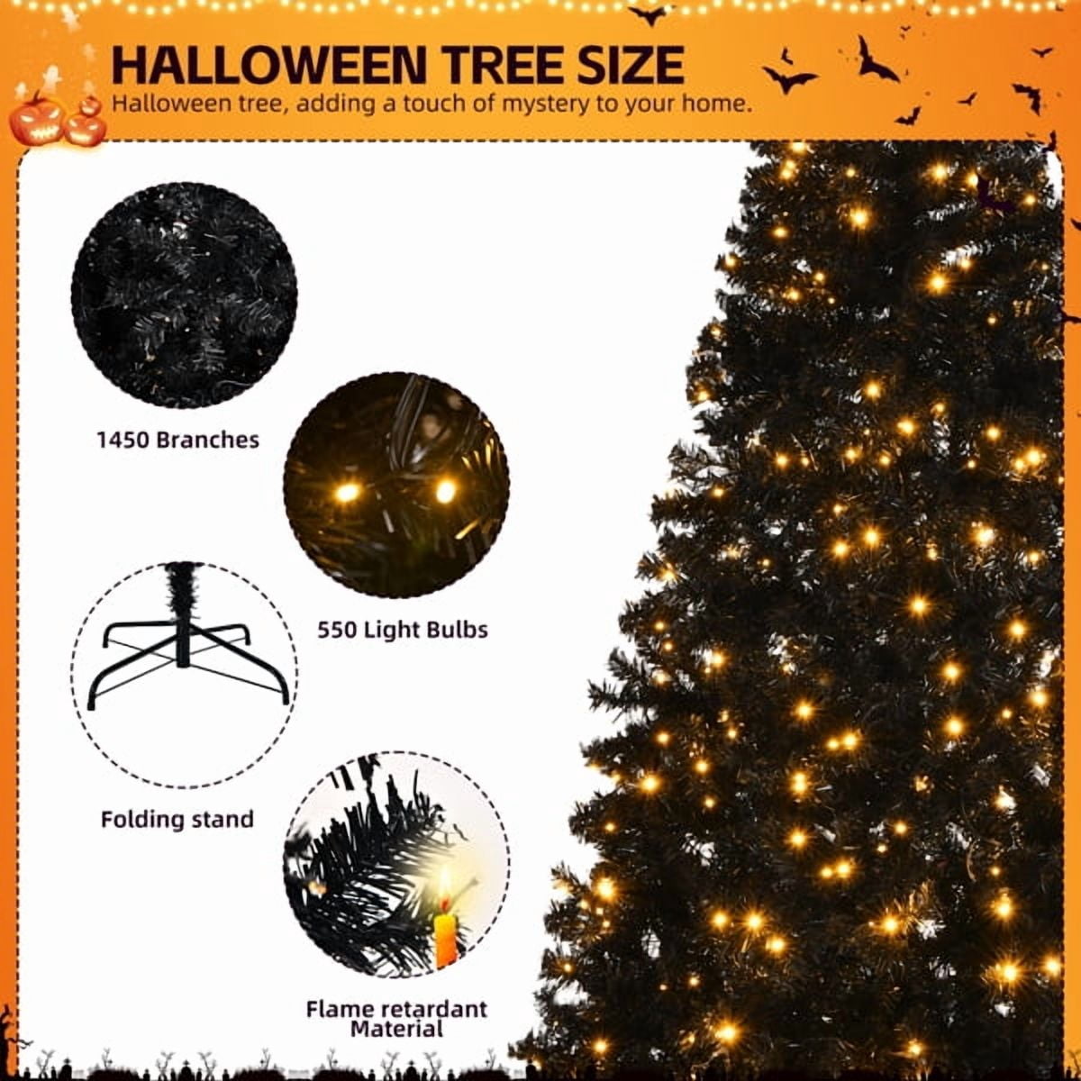 8 FT Pre-Lit Black Artificial Christmas Tree, 550 Warm White LEDs,1450 PVC Branch Tips, Holiday Centerpiece for Home/Office/Living Room