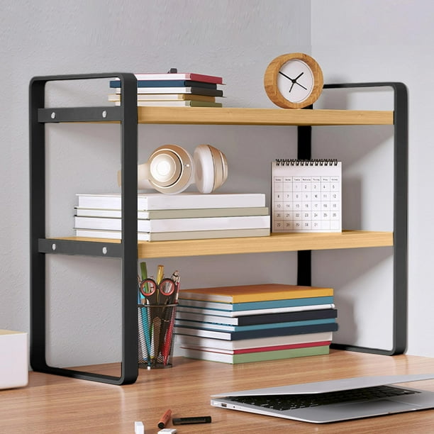 Estantería de almacenamiento de escritorio de doble nivel | Organizador de escritorio de madera con marco metálico | Organizador de oficina en capas para papelería de libros | 36×30×20 cm