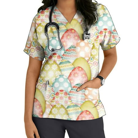 

Womens Easter Nursing Scrub Tops Summer Clearance Women s Casual T-Shirt Short Sleeve V-neck Tops Working Uniform Easter Print With Pocket Workwear Blouse