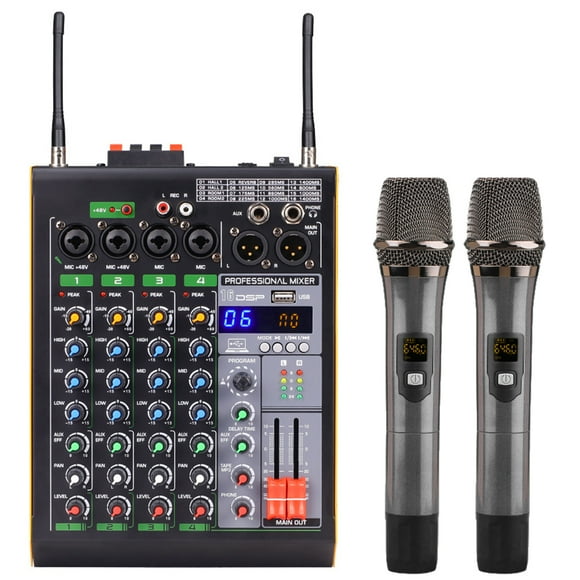 Abody Professional 4-Channel BT Audio Mixer with 2 Wireless Microphones LED Digital Mixing Console Built-in Amplifier with USB Connection 3-Band EQ Reverb Adjustment DSP Recording Function for Bar