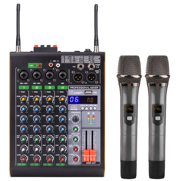 Mezclador de audio Mezclador de audio BT profesional de 4 canales con 2 micrófonos inalámbricos Consola de mezclas digital LED Amplificador incorporado con conexión USB EQ de 3 bandas Ajuste de reverb Abody Mezclador de audio