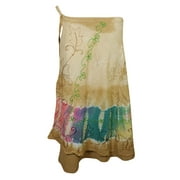 Mogul Tie Dye Brown Wrap Skirt Floral Embroidered Summer Comfy Indian Skirts