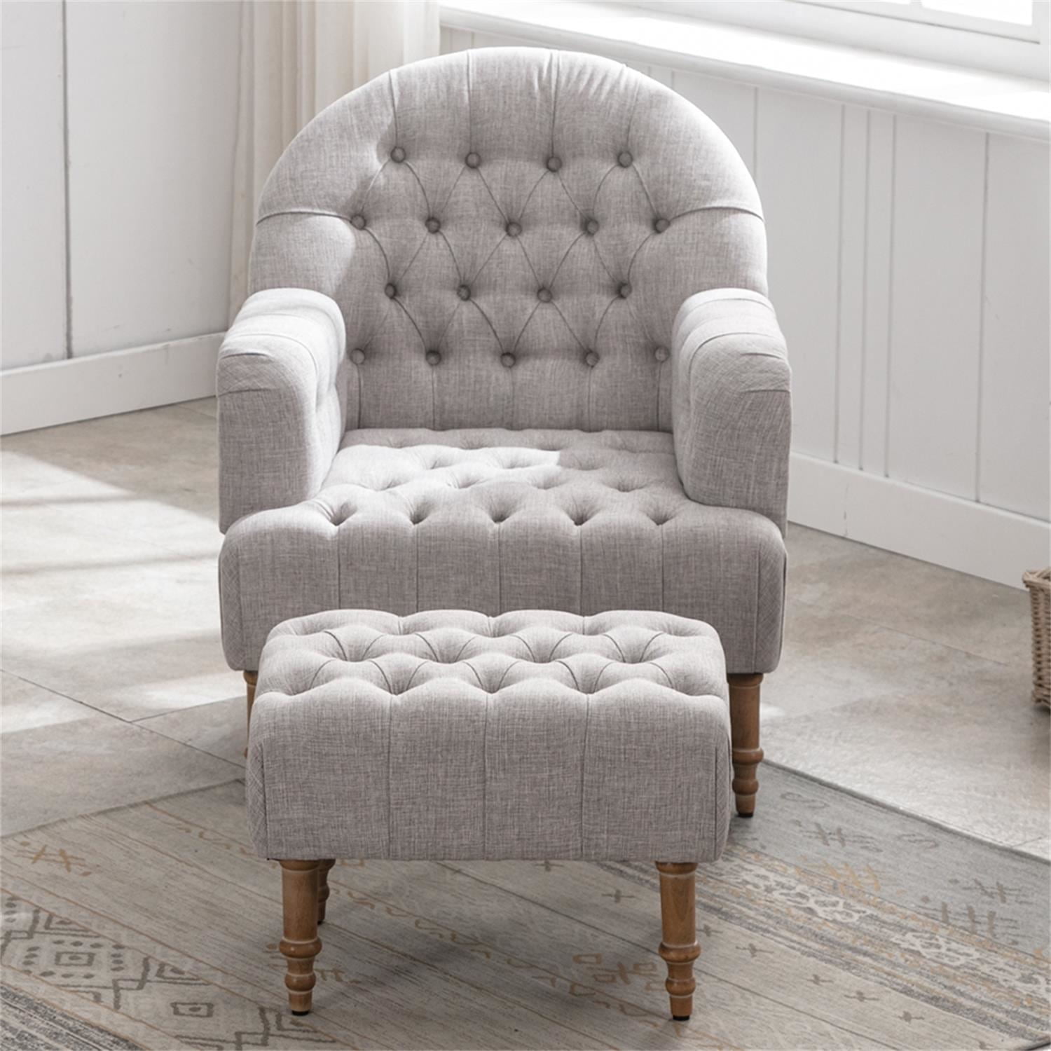Kadyn Arm Chair for Bedroom, Mid Century Accent Chair with Linen Fabric and Ottoman, Button-Tufted Upholstered Chair Set, Gray