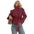 thumbnail image 6 of Women'S Trench Double Breasted Short Jacket High Collar Fall Winter Coats Trendy Outfit with Belt Wine Red M, 6 of 9