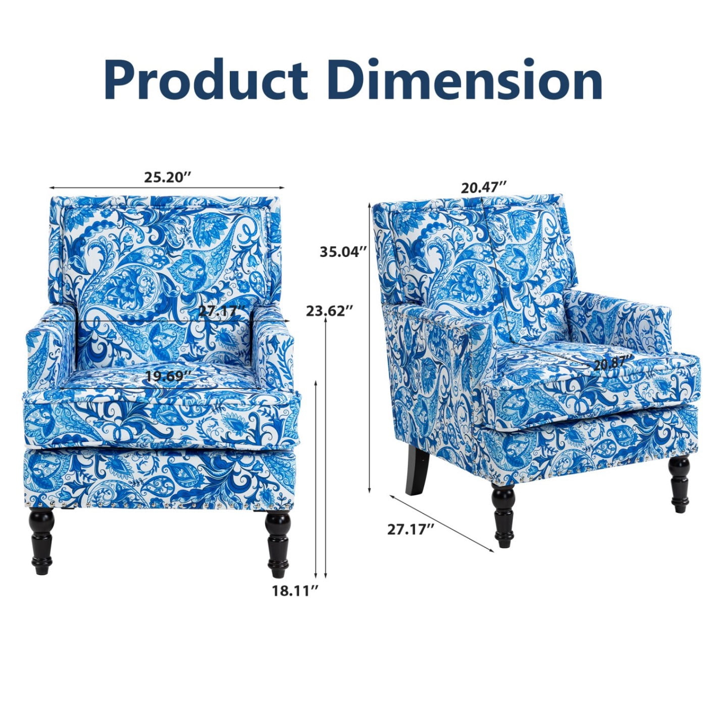 Upholstered Accent Chair with Nailhead Trim, Vintage Striped Linen Armchair, High-Density Foam Reading Chair with Solid Wood Legs for Living Room, Bedroom, Home Office, Blue & White Stripes