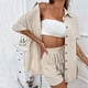 thumbnail image 4 of Conjunto de dos piezas de color liso para mujer: camisa de manga corta con solapa y pantalones cortos. Conjunto informal de verano (tallas S-XL)., 4 of 8