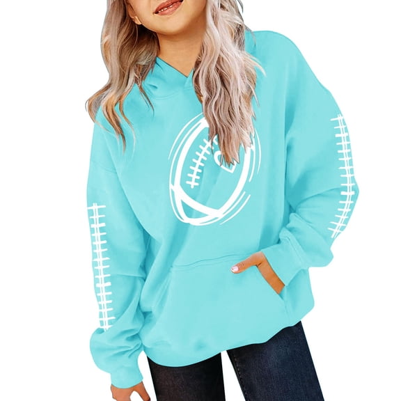 GiLiling Football Hoodies for Teen Girls Fall Oversized Cute Baseball Graphic Pullover Long Sleeve Crewneck Sweatshirts (Sky Blue, 9-11 years)