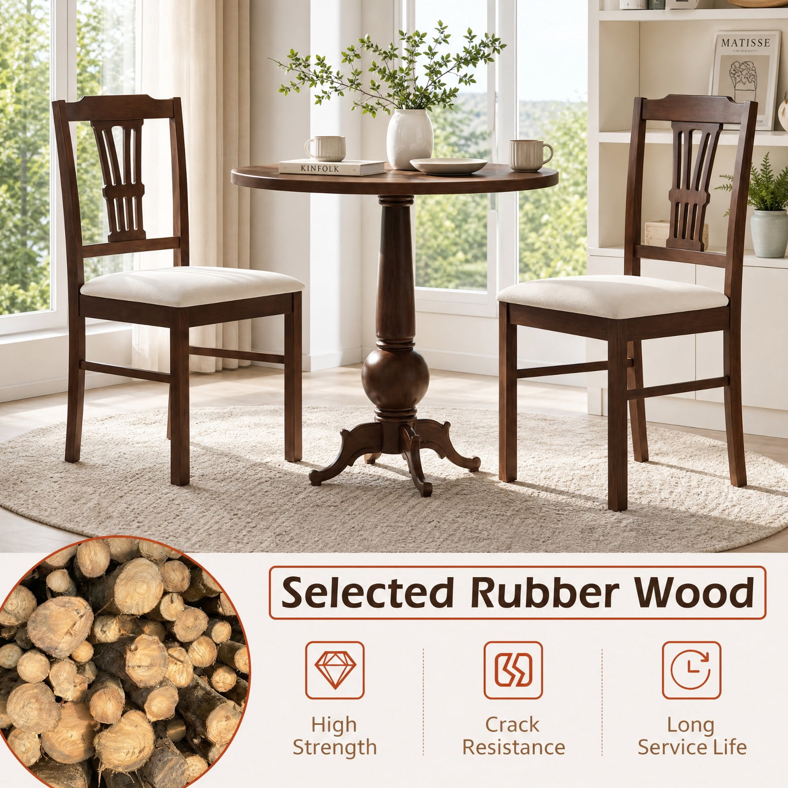 Furnibear Upholstered Dining Chairs Set of 2 Kitchen Chairs with Solid Rubber Wood Frame and Padded Seat for Dining Room, Beige