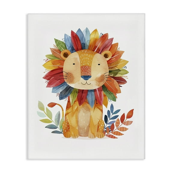 Stupell Industries Rainbow Blooms Lion Animals Painting Wrapped Canvas Art Print Wall Art, 16 x 20
