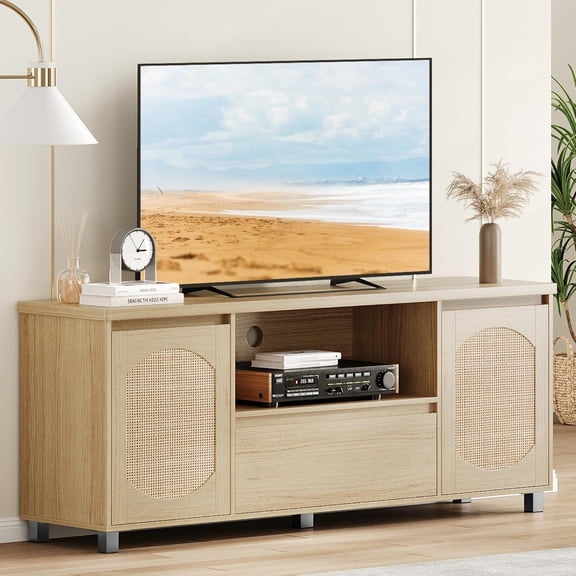 Rattan TV Stand for 65 Inch TV, Entertainment Center with Storage Drawer and Open Shelf, Boho TV Media Console Cabinet Furniture for Living Room, Bedroom, Light Oak