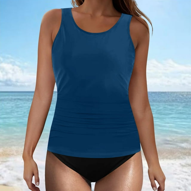 UPPADA Maillots de Bain Tankini Deux Pièces pour Femmes Dos Croisé Tankini Modeste avec Soutien-Gorge Débardeurs Col Rond avec Shorts Contrôle du Ventre Vêtements de Plage d'Été Liquidation en Liquidation Bleu,TG