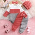 thumbnail image 2 of Ulanda Newborn Baby Girl Clothes Infant Fall Winter Outfits for Girls Clothing Set, Color Block Ribbed Outfit, Ruffle Long Sleeve Bodysuit, Matching Hat and Bow Headband (Watermelon Red, 6-9 Months), 2 of 9