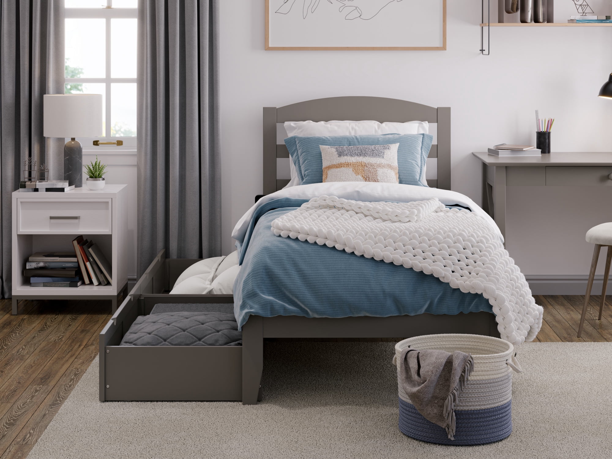 AFI Warren 14" Twin Wood Platform Bed Frame with Set of 2 Storage Drawers, Grey