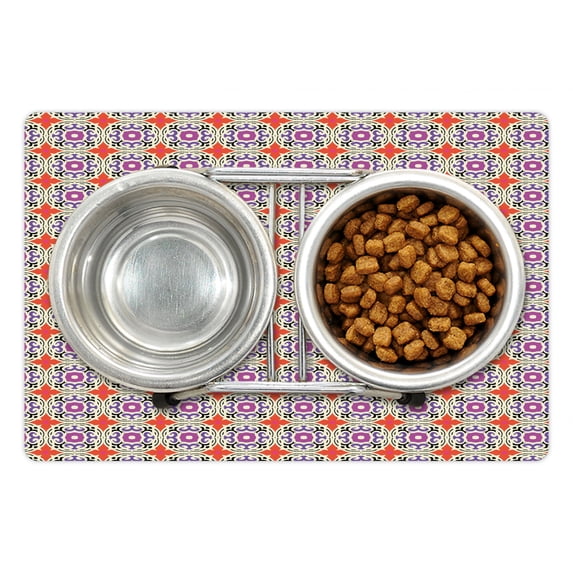 Ethnic Pet Mat for Food and Water, Traditional Pattern of Kazakh and Turkish Motifs and 4 Petal Flower Print, Non-Slip Rubber Mat for Dogs and Cats, 18" X 12", by Ambesonne