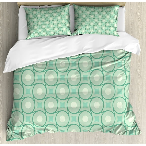 Ambesonne Mint Duvet Cover Set, Circles Dots Wavy Squares, Queen, Almond Green Emerald