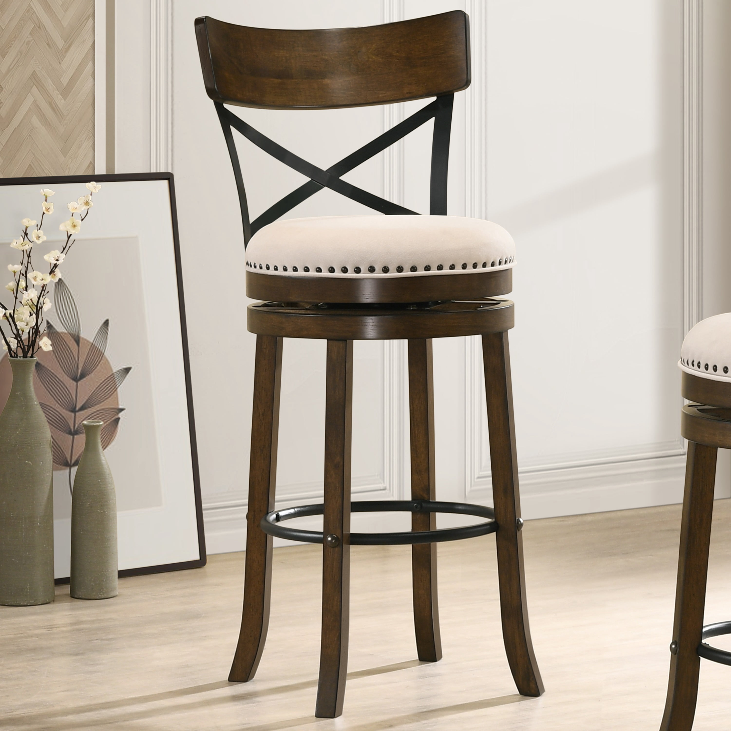 Furniture of America Zaren Wood Swivel Barstool-Set of 2, Oak, 29-in