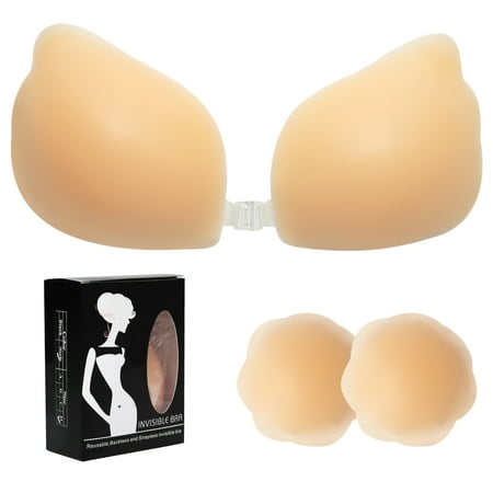 SAYFUT Womens Adhesive Bra Reusable Strapless Sticky Self Silicone Push-up Invisible Bras for Backless Dress With Flower Nipple Covers