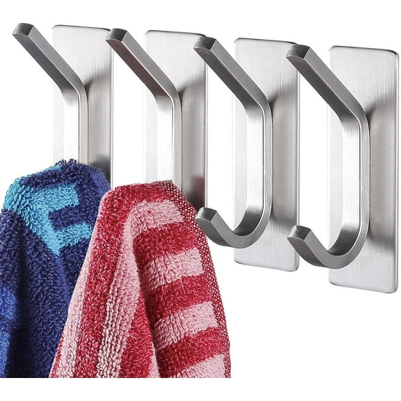 Towel Hook/Adhesive Hooks - Wall Hooks for Coat/Robe/Towels Stick on Bathroom/Kitchen 4-Pack, Stainless Steel