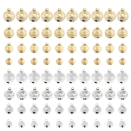 Raindrops 80PCS Mini DIY Pet Bell DIY Pet Bell Decor Glittering Frosted Brass Bell Delicate Pet Bell Charms for Pet Neck Jewelry Making (Golden+Silver 8mm+10mm+12mm+14mm)