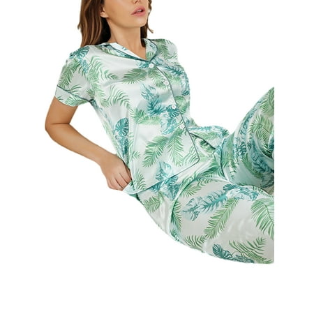 

Colisha Women Sleepwear Satin Pajamas Sets Silk Nightgown Loose Summer 2 Pieces Outfits Nightwear Light Green L