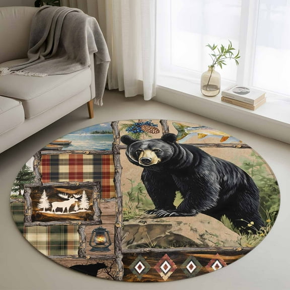 Vintage Black Bears Round Rug 3ft Washable Circle Entryway Rugs Non Slip Abstract Country Plaid Fish Retro Area Rug Indoor Floor Carpet for Bedroom Kitchen Living Room Home Office Dining Room Nursery