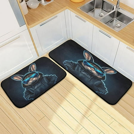 

Kitchen Rug Set 2 Pieces Non Slip Kitchen Mat for Kitchen Home Floor Sink 47 x19 +27 x19 Rabbit in A Black Hoodie