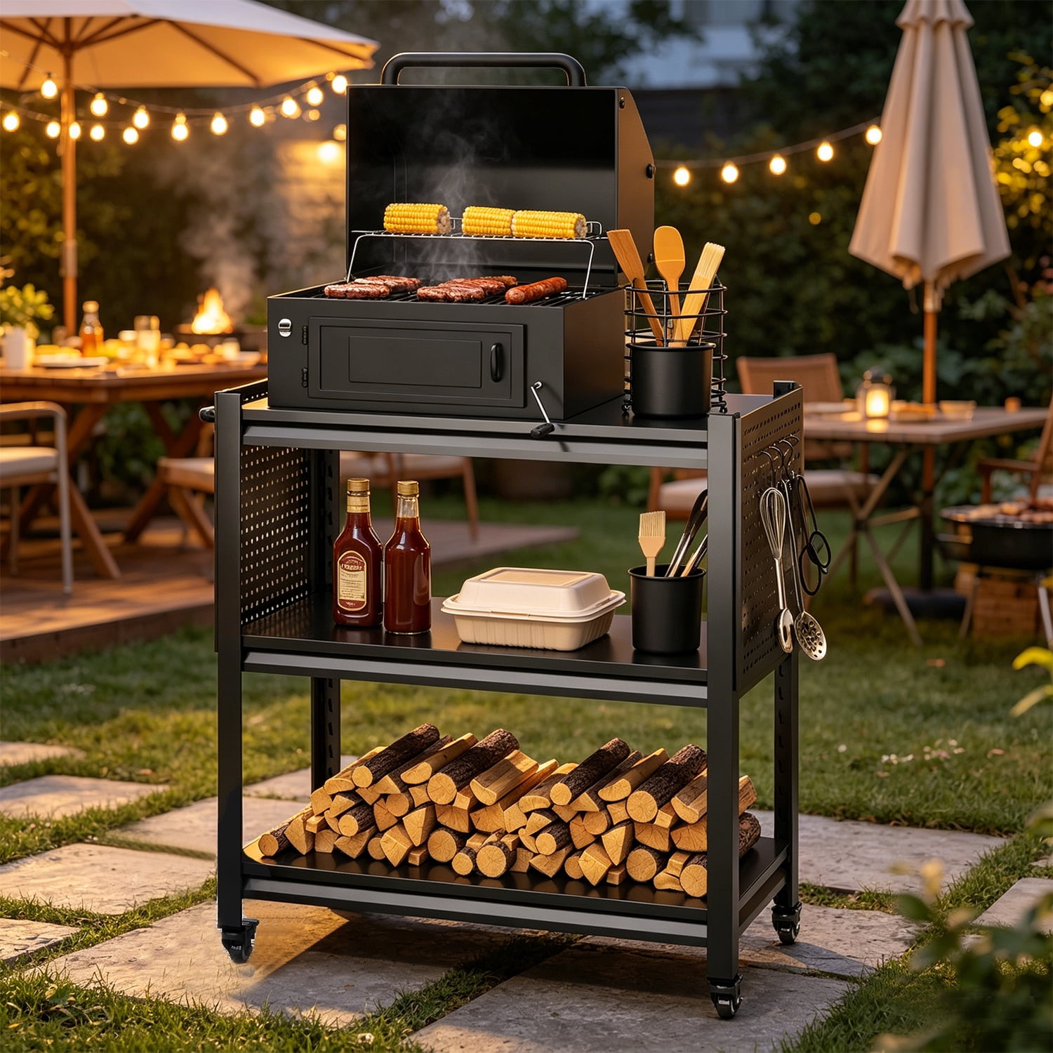 Heavy-Duty Grill Cart with 3-Tier Storage and Pegboard for BBQ