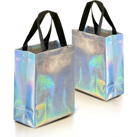 SHIYUAN Iridescent Gift Bags Medium Size – Set of 12 Stunning Reusable Holographic Gift Bags With Black Handles - Perfect As Goodie Bags, Birthday Gift Bags, Party Favor Bags – 8Wx4Dx10H Size