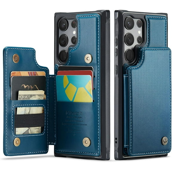 for Samsung Galaxy S23 Ultra Wallet Case with Card Holder, RFID Blocking Credit Slots Kickstand Shockproof Phone Cover for Women Men, Blue