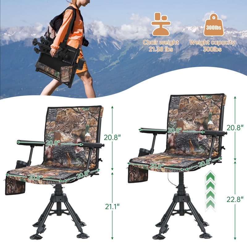 Heated Silent Swivel Hunting Chair with 360 Degree Rotating, Adjustable Height, Armrests, No-Sink Feet & Shoulder Strap | Turkey Hunting, Blind Chair for Deer, Observation, Outdoor Rest