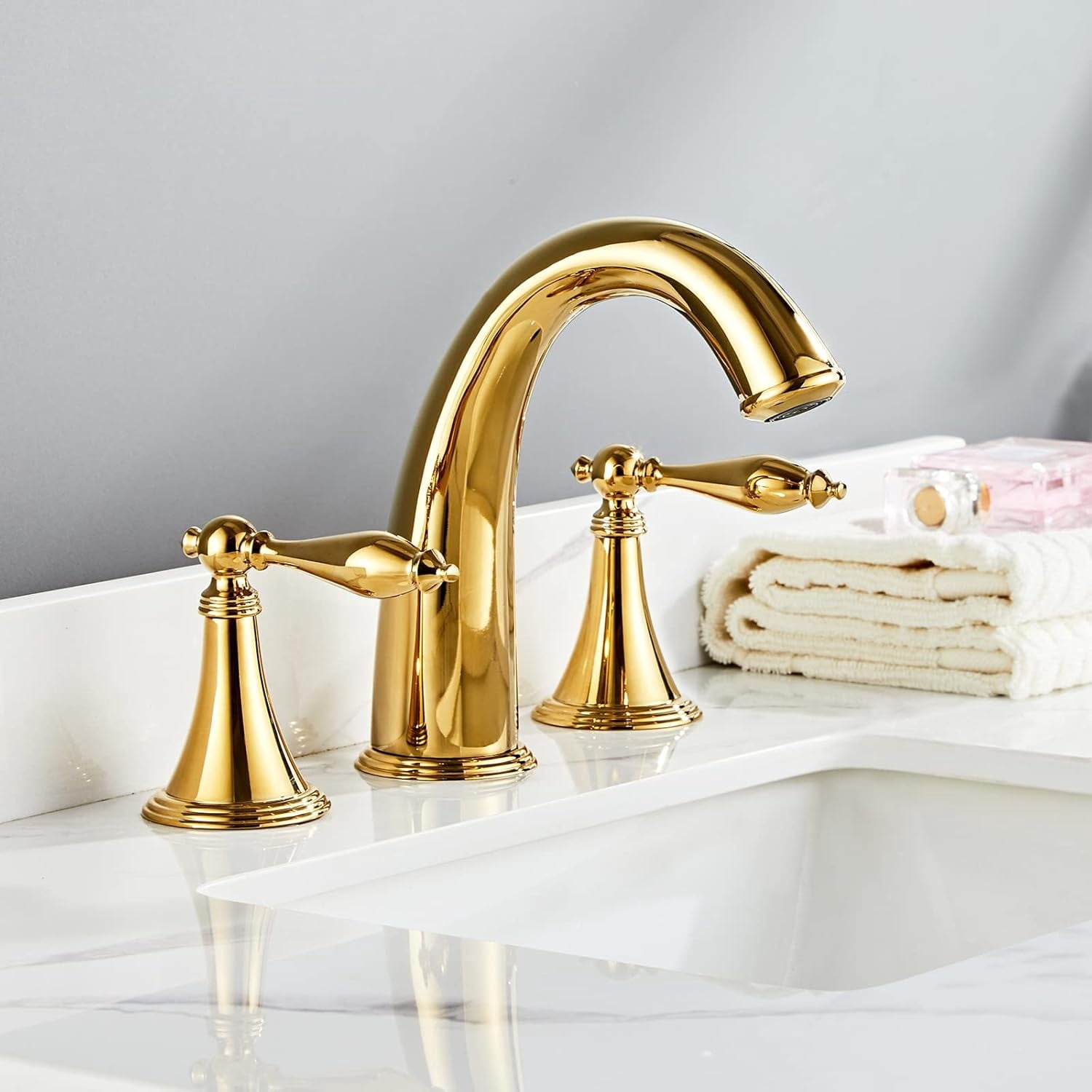Polished Gold Bathroom Sink Faucet,Brass Bathroom Faucet 3 Hole,Widespread Bathroom Faucet for Sink 3 Hole,2 Handles Design with Water Supply Lines