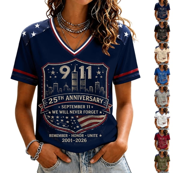9/11 25th Anniversary Shirt Womens WE Will Never Forget Tee Shirts | Lightweight Fabric, V Neck Short Sleeve Tops, American Flag, 2001-2026 25Th Anniversary Tops, Patriotic Honor Tee Shirt White,M