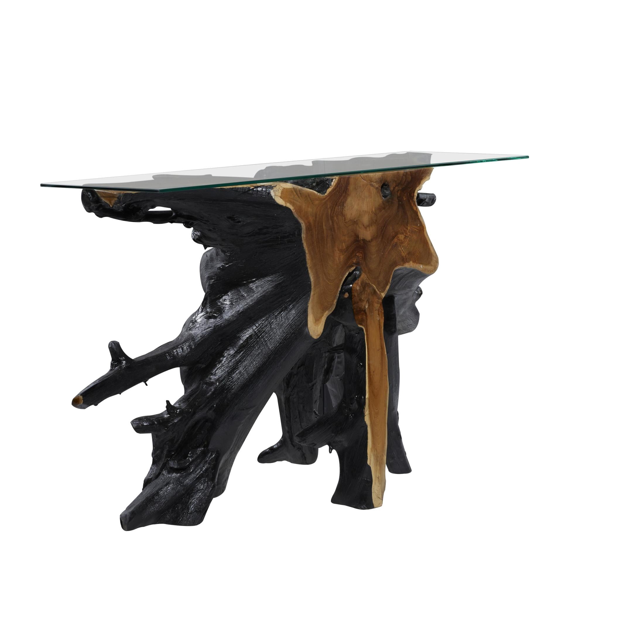 DecMode 49" x 32" Black Teak Wood Handmade Live Edge Tree Stump Console Table with Clear Glass Top, 1-Piece