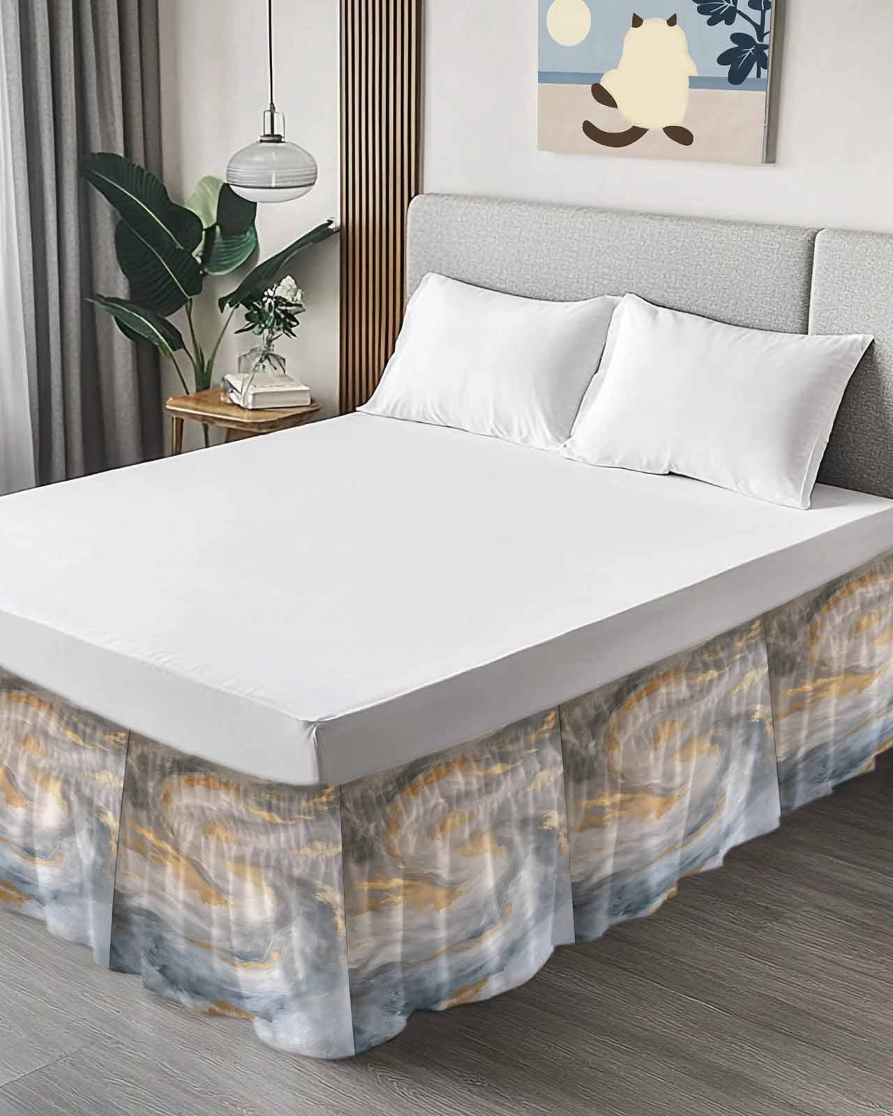 Grey Golden Wrap Around Bed Skirts for Queen Bed 16" Drop, Bed Skirt with Adjustable Elastic Belt Dust Ruffle Bed Valance for Bedroom Hotel Luxury Modern Oil Painting Abstract Bed Frame Cover