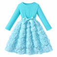 thumbnail image 3 of Girls Rosette Dress Long Sleeve Crew Neck with 3D Floral Skirt, Bow Waist, Solid Color Party Dress for Christmas, Birthday and Pageant, 3 of 9