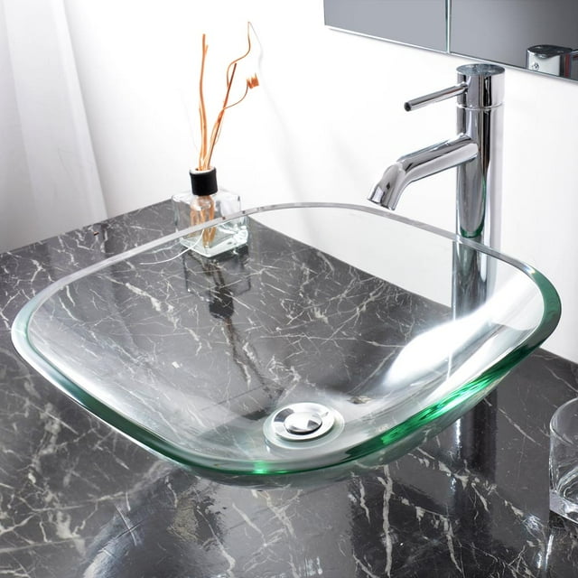 Aquaterior Évier de Salle de Bain en Verre Trempé Forme Carrée Naturelle Transparente