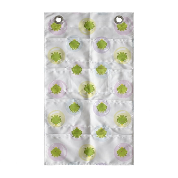 Cartoon Hanging Pocket Organizer, Frog Prince in Bubbles Theme Tale Element in Pastel Tones, Printed Polyester Storage Bag with Pockets, 21" x 31", Yellow Green Pale Yellow