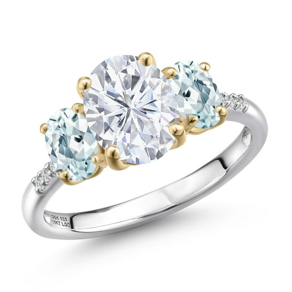 Gem Stone King 925 Silver and 10K Yellow Gold White Moissanite and Sky Blue Aquamarine and Lab Grown Diamond Engagement Ring for Women | 3.16 Cttw | Oval 9X7MM | Birthstone | Size 7