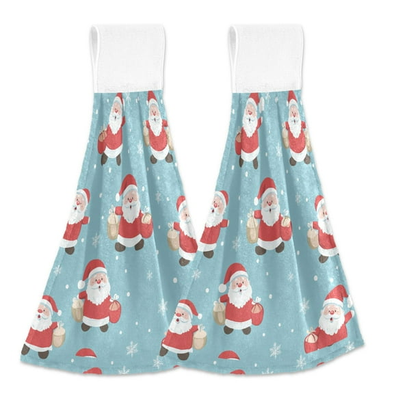 2 Pcs Kitchen Hand Towels with Hanging Loops Absorbent Soft Fast Drying Decor Bath Towels Santa Claus and Snow